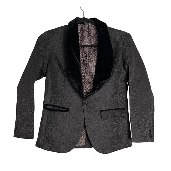NWOT Yffushi Mens Black Paisley Pattern Dinner Jacket Blazer Velvet Collar Sz S - Picture 3 of 7
